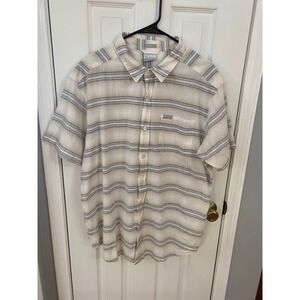 Columbia Button Up Shirt Mens XL Cream Tan Grey Striped Short Sleeve Regular Fit